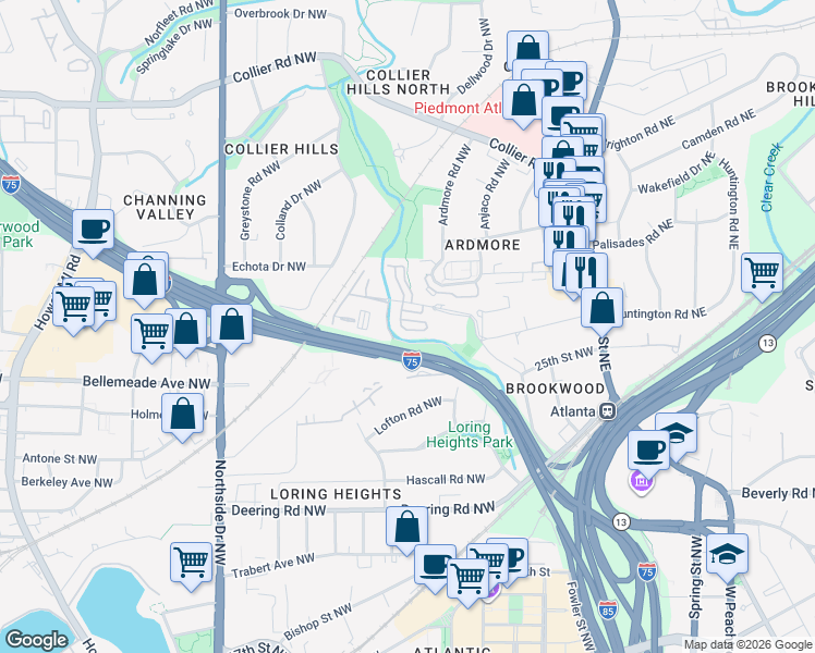 map of restaurants, bars, coffee shops, grocery stores, and more near 262 Semel Circle Northwest in Atlanta