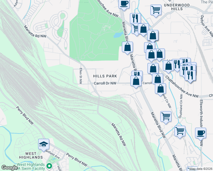 map of restaurants, bars, coffee shops, grocery stores, and more near 1625 Carroll Drive Northwest in Atlanta