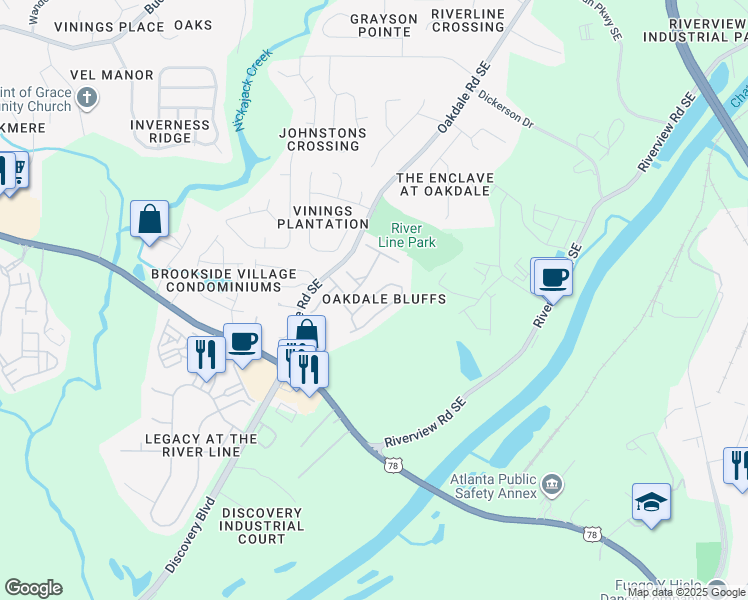 map of restaurants, bars, coffee shops, grocery stores, and more near 6102 Indian Wood Circle in Mableton