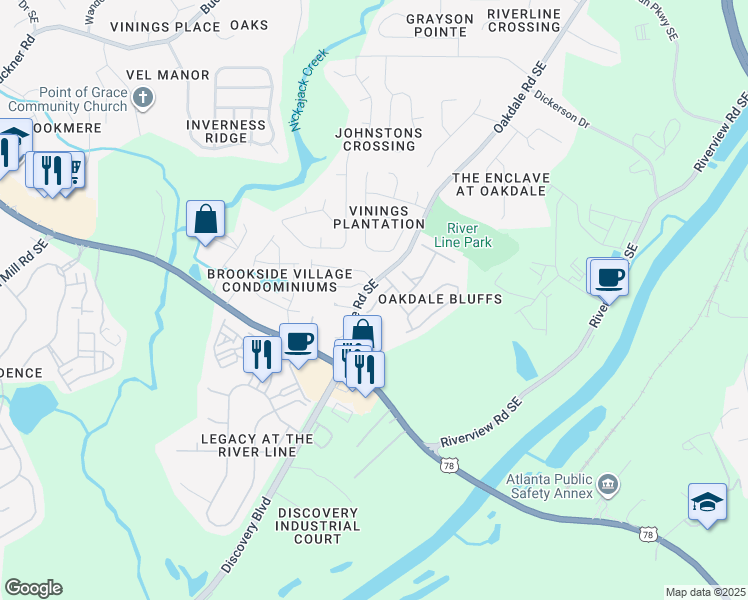 map of restaurants, bars, coffee shops, grocery stores, and more near 6174 Oakdale Road Southeast in Mableton
