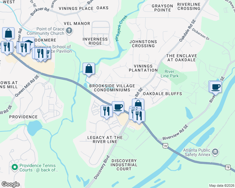 map of restaurants, bars, coffee shops, grocery stores, and more near 1456 Ridgebend Way Southeast in Mableton