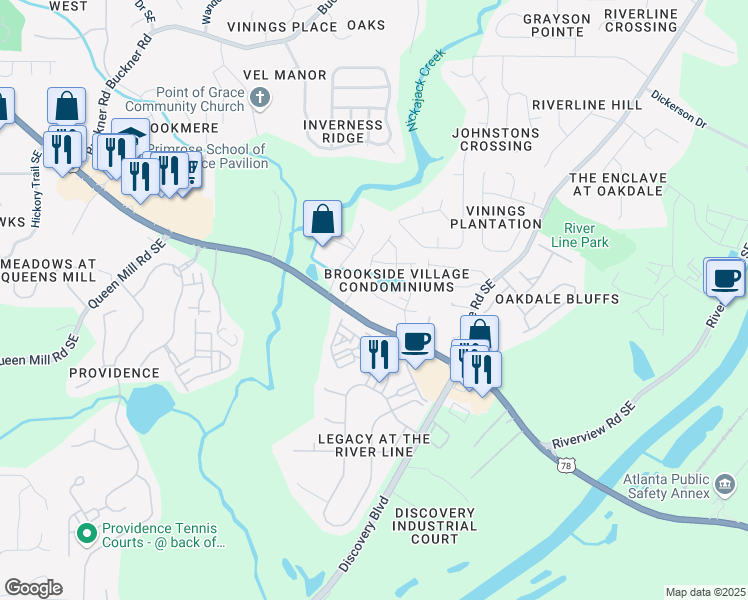 map of restaurants, bars, coffee shops, grocery stores, and more near 6428 Brookside Boulevard in Mableton