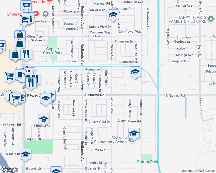 map of restaurants, bars, coffee shops, grocery stores, and more near 1657 Edgefield Street in Perris