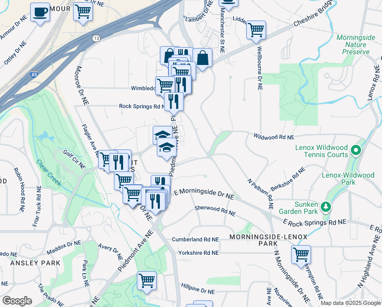 map of restaurants, bars, coffee shops, grocery stores, and more near 648 E Pelham Road Northeast in Atlanta