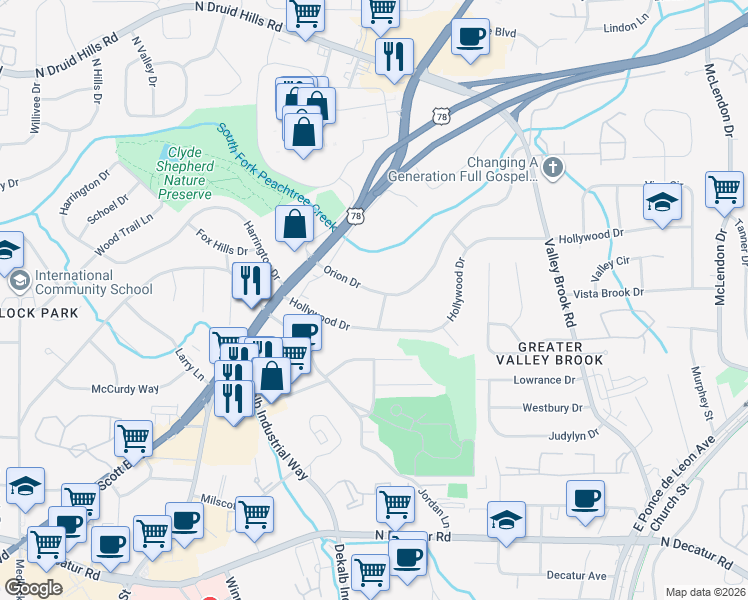 map of restaurants, bars, coffee shops, grocery stores, and more near 2791 Orion Drive in Decatur
