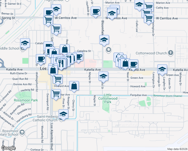 map of restaurants, bars, coffee shops, grocery stores, and more near 11054 Maple Street in Los Alamitos