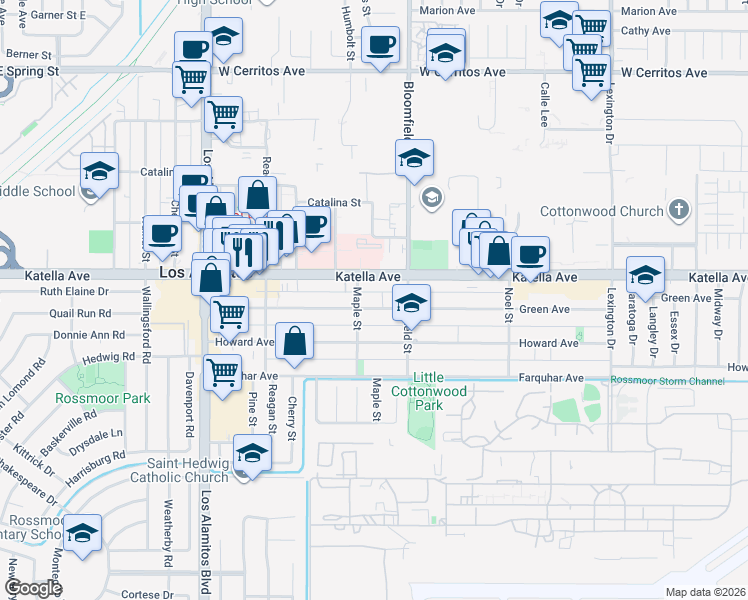 map of restaurants, bars, coffee shops, grocery stores, and more near 3901 Green Avenue in Los Alamitos