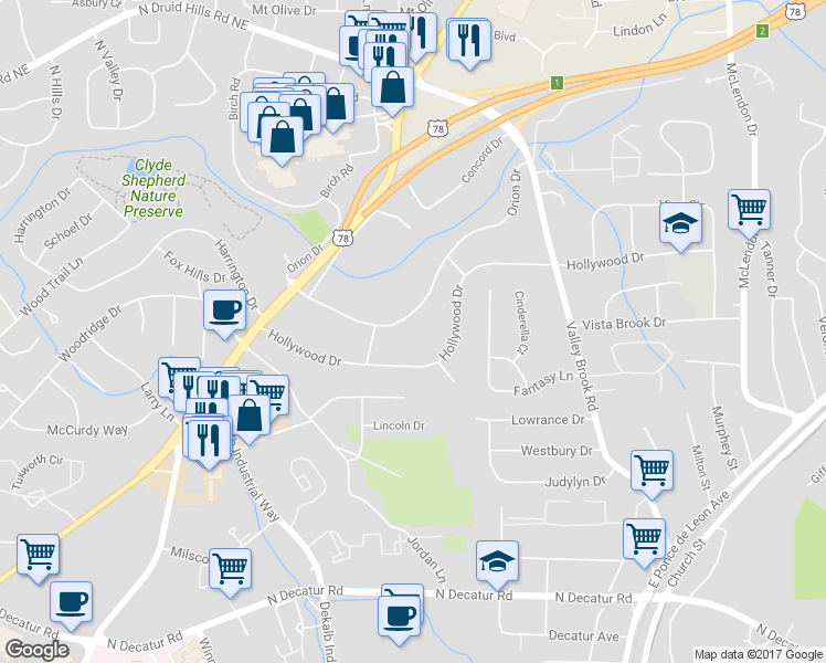 map of restaurants, bars, coffee shops, grocery stores, and more near 2833 Orion Drive in Decatur