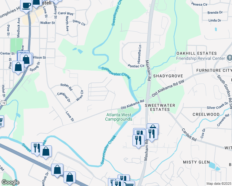 map of restaurants, bars, coffee shops, grocery stores, and more near 2 Cherokee Drive in Austell