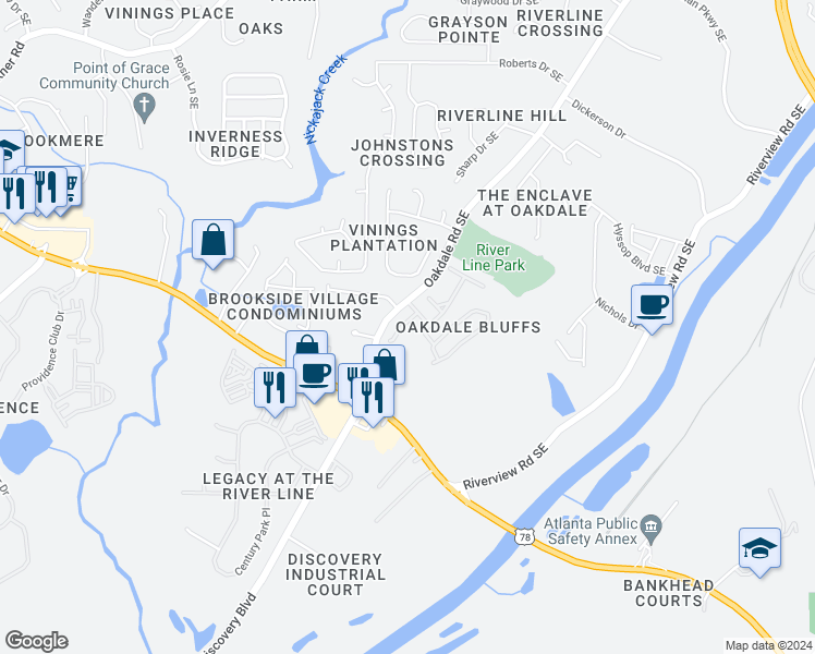 map of restaurants, bars, coffee shops, grocery stores, and more near 6237 Sawtooth Oak Court Southeast in Mableton