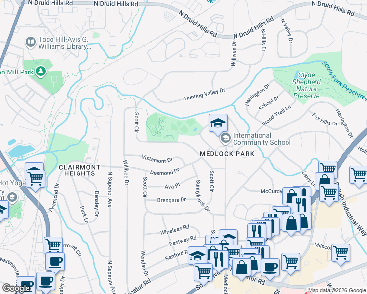 map of restaurants, bars, coffee shops, grocery stores, and more near 886 Scott Circle in Decatur