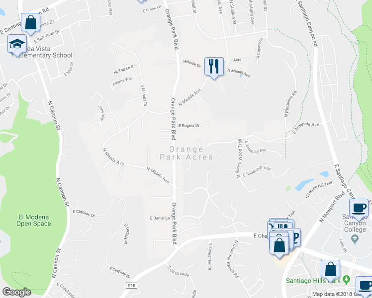 map of restaurants, bars, coffee shops, grocery stores, and more near 20121 East Amapola Avenue in Orange