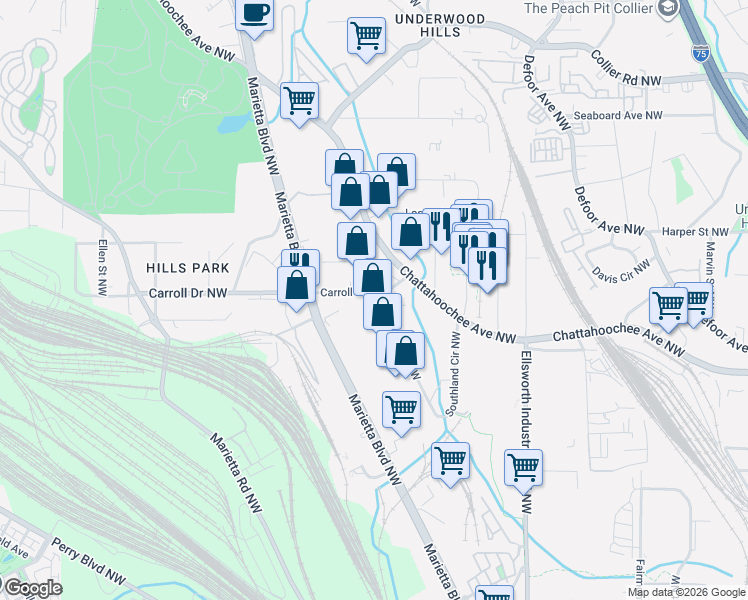 map of restaurants, bars, coffee shops, grocery stores, and more near 1402 Carroll Dr NW in Atlanta