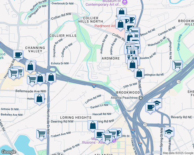 map of restaurants, bars, coffee shops, grocery stores, and more near 221 Semel Circle Northwest in Atlanta