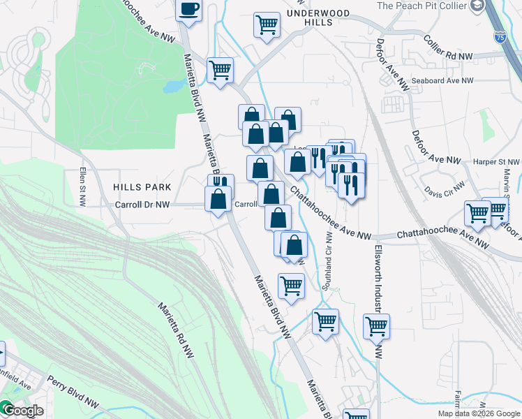 map of restaurants, bars, coffee shops, grocery stores, and more near 1402 Carroll Drive Northwest in Atlanta