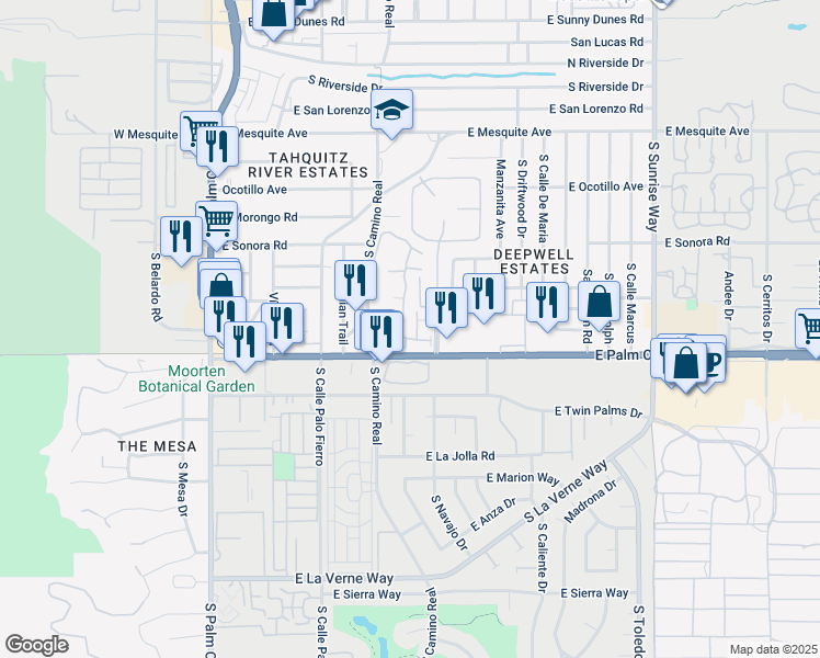 map of restaurants, bars, coffee shops, grocery stores, and more near 940 East Palm Canyon Drive in Palm Springs