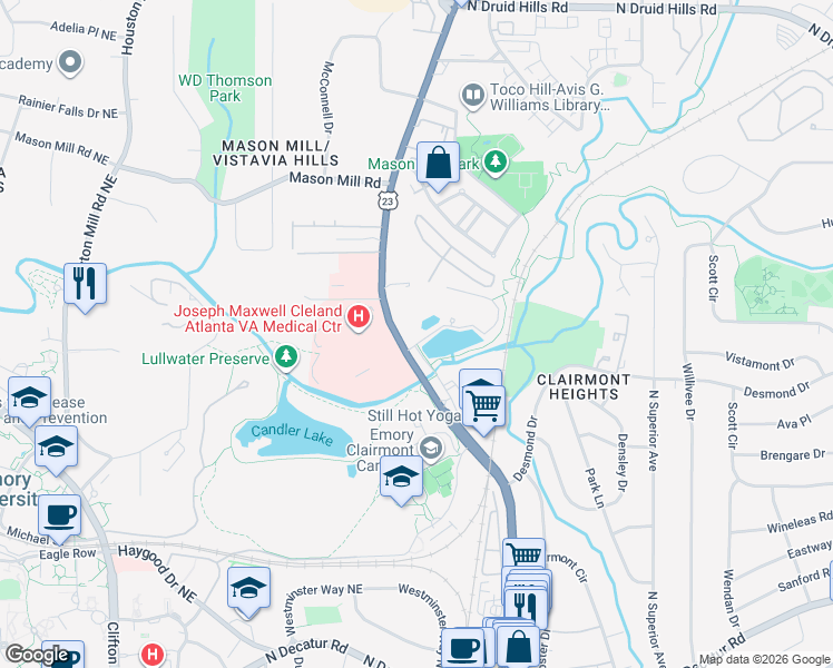 map of restaurants, bars, coffee shops, grocery stores, and more near 10 Highland Lake Circle in Decatur