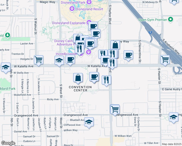 map of restaurants, bars, coffee shops, grocery stores, and more near 800 West Katella Avenue in Anaheim