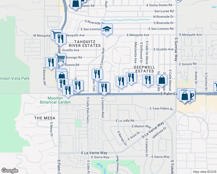 map of restaurants, bars, coffee shops, grocery stores, and more near 910 East Palm Canyon Drive in Palm Springs
