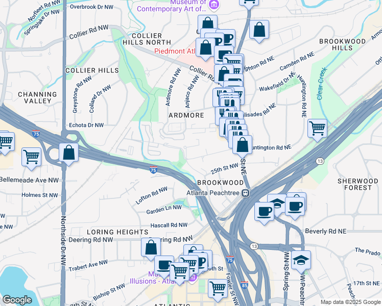 map of restaurants, bars, coffee shops, grocery stores, and more near 95 Twin Towers East in Atlanta