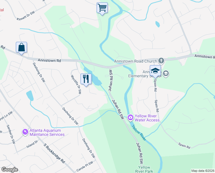 map of restaurants, bars, coffee shops, grocery stores, and more near 3085 Juhan Road Southwest in Stone Mountain