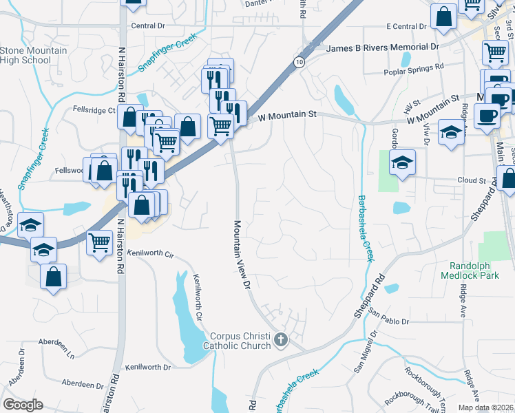 map of restaurants, bars, coffee shops, grocery stores, and more near 847 Mountain View Drive in Stone Mountain