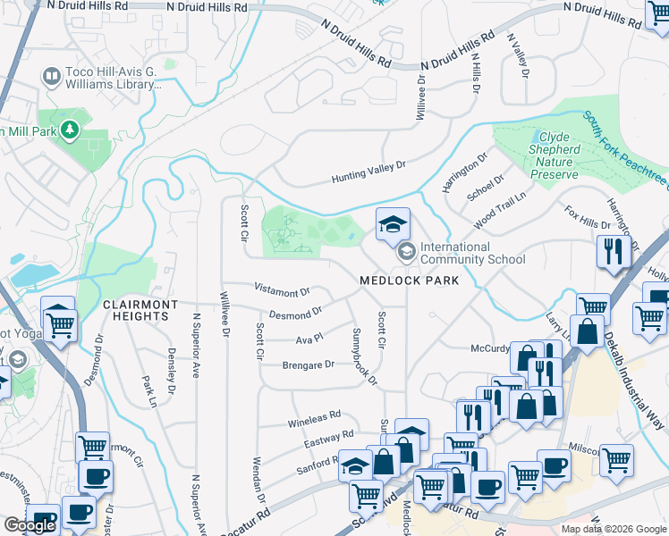 map of restaurants, bars, coffee shops, grocery stores, and more near 886 Scott Circle in Decatur