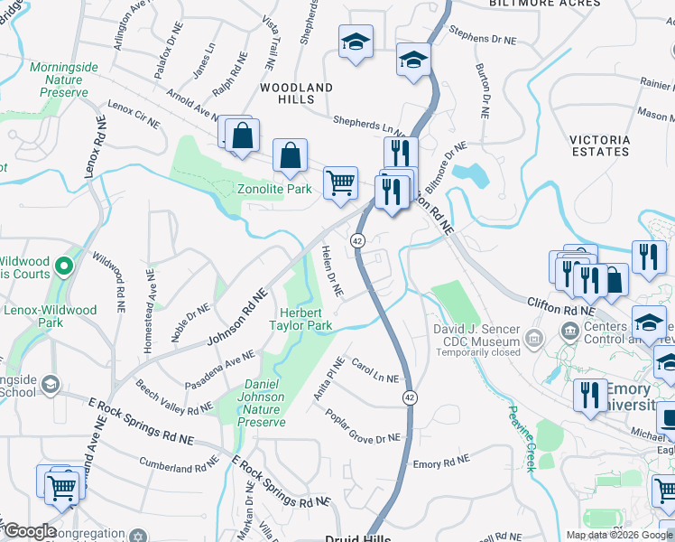 map of restaurants, bars, coffee shops, grocery stores, and more near 1749 Helen Drive Northeast in Atlanta