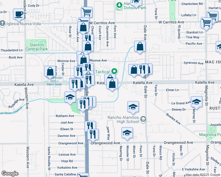 map of restaurants, bars, coffee shops, grocery stores, and more near 8122 Katella Avenue in Stanton