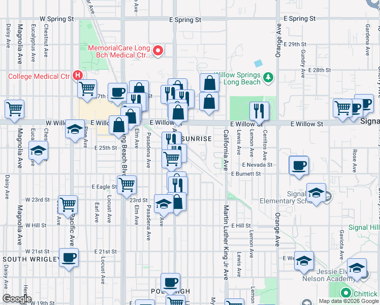 map of restaurants, bars, coffee shops, grocery stores, and more near 725 East Sunrise Boulevard in Long Beach
