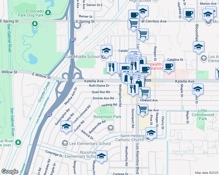 map of restaurants, bars, coffee shops, grocery stores, and more near 3311 Ruth Elaine Drive in Los Alamitos
