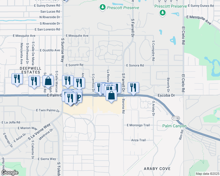 map of restaurants, bars, coffee shops, grocery stores, and more near 1630 La Reina Way in Palm Springs