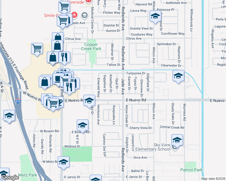 map of restaurants, bars, coffee shops, grocery stores, and more near 1681 Amethyst Drive in Perris