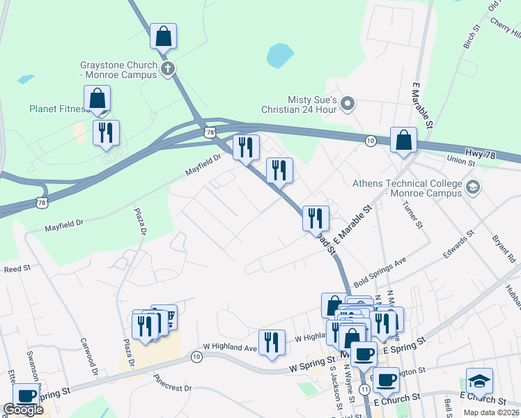 map of restaurants, bars, coffee shops, grocery stores, and more near 506 Launius Avenue in Monroe