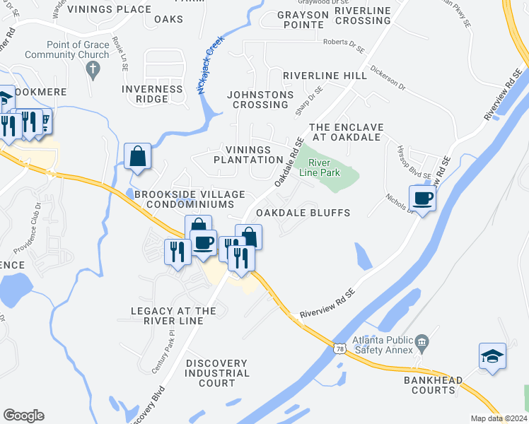 map of restaurants, bars, coffee shops, grocery stores, and more near 6235 Sawtooth Oak Court Southeast in Mableton