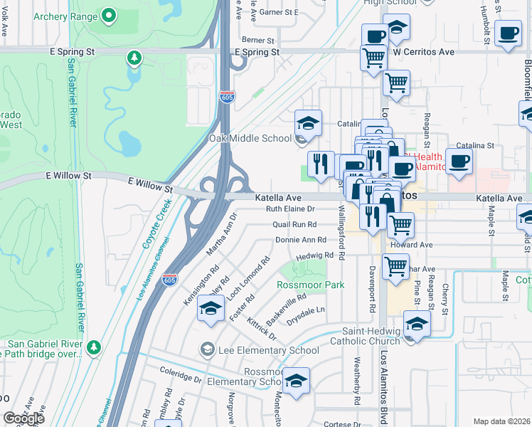 map of restaurants, bars, coffee shops, grocery stores, and more near 3122 Ruth Elaine Drive in Los Alamitos