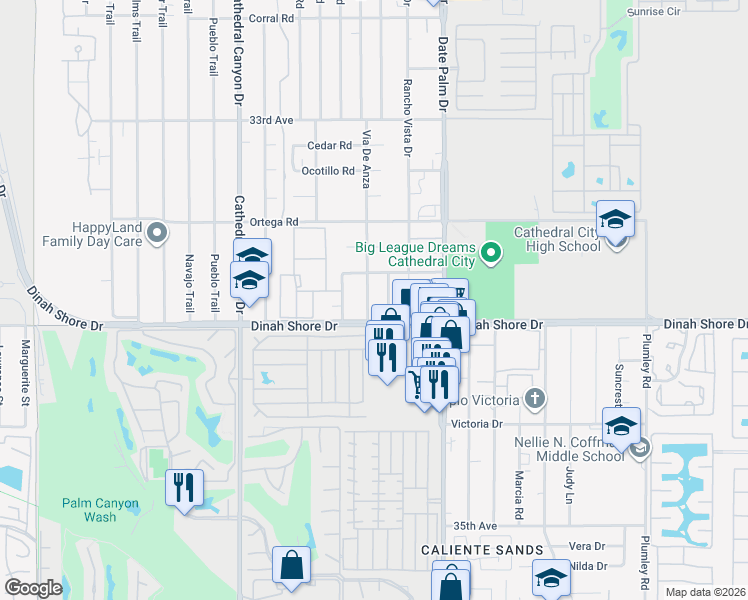map of restaurants, bars, coffee shops, grocery stores, and more near 33851 Via De Anza in Cathedral City