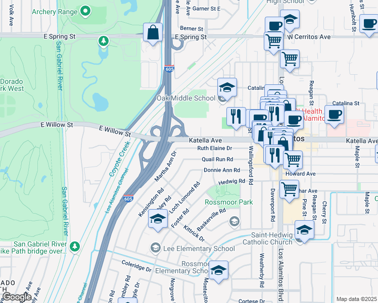map of restaurants, bars, coffee shops, grocery stores, and more near 3061 Ruth Elaine Drive in Los Alamitos