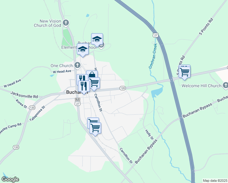 map of restaurants, bars, coffee shops, grocery stores, and more near 4393 Georgia 120 in Buchanan