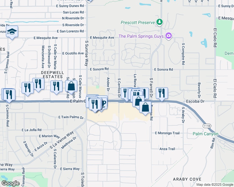map of restaurants, bars, coffee shops, grocery stores, and more near 2084 Normandy Court in Palm Springs