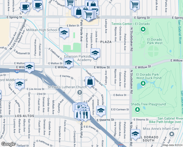map of restaurants, bars, coffee shops, grocery stores, and more near 2542 Vuelta Grande Avenue in Long Beach