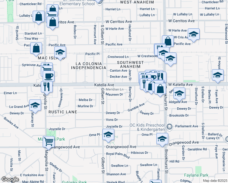 map of restaurants, bars, coffee shops, grocery stores, and more near 9581 Maureen Drive in Garden Grove