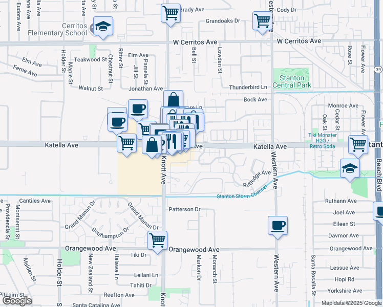 map of restaurants, bars, coffee shops, grocery stores, and more near 11036 Grant Way in Stanton