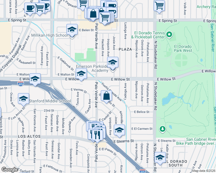 map of restaurants, bars, coffee shops, grocery stores, and more near 2542 Vuelta Grande Avenue in Long Beach