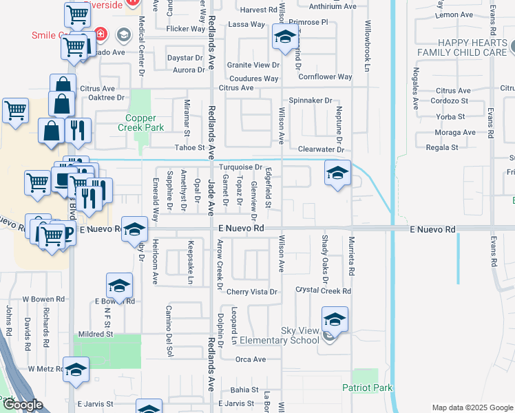 map of restaurants, bars, coffee shops, grocery stores, and more near 1663 Glenview Drive in Perris