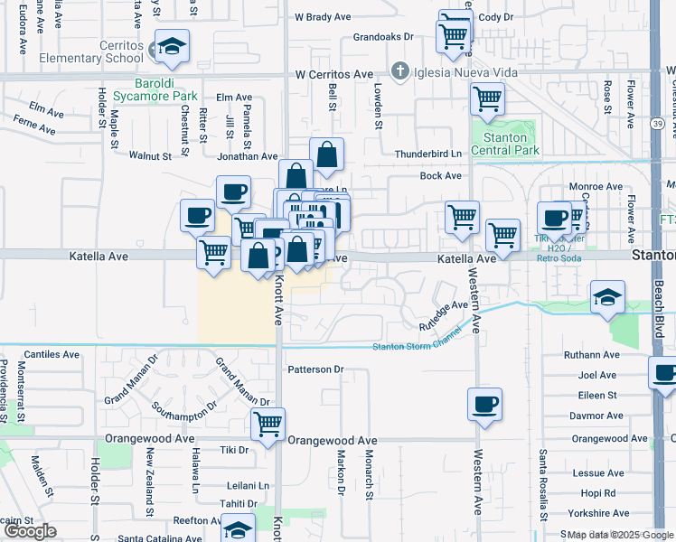 map of restaurants, bars, coffee shops, grocery stores, and more near 11010 Augusta Way in Stanton