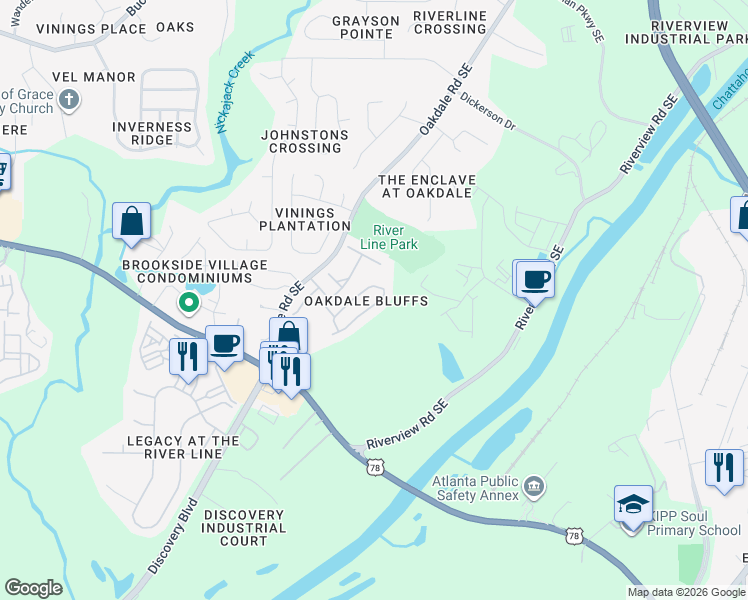 map of restaurants, bars, coffee shops, grocery stores, and more near 6102 Indian Wood Circle in Mableton