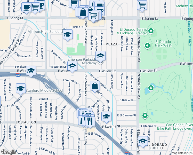 map of restaurants, bars, coffee shops, grocery stores, and more near 6529 East El Pulcro Street in Long Beach