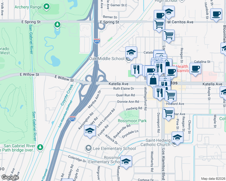 map of restaurants, bars, coffee shops, grocery stores, and more near 3122 Ruth Elaine Drive in Los Alamitos