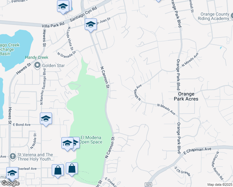 map of restaurants, bars, coffee shops, grocery stores, and more near 5846 East Sandstone Court in Orange